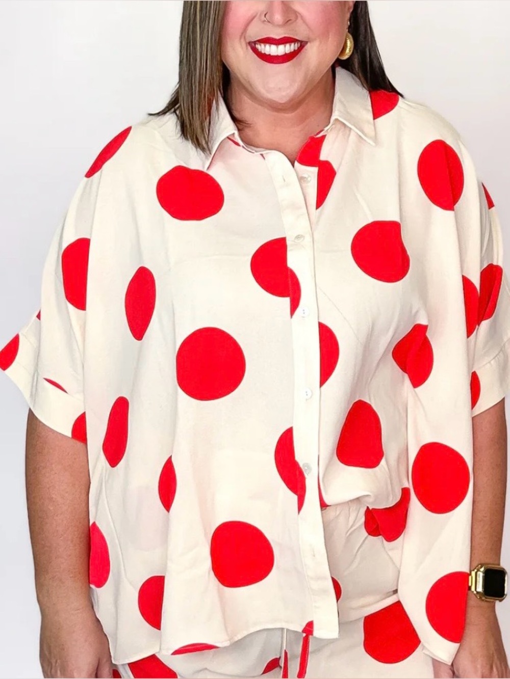 Cream/White Shirt with Red Polka Dots Button-Down Top
